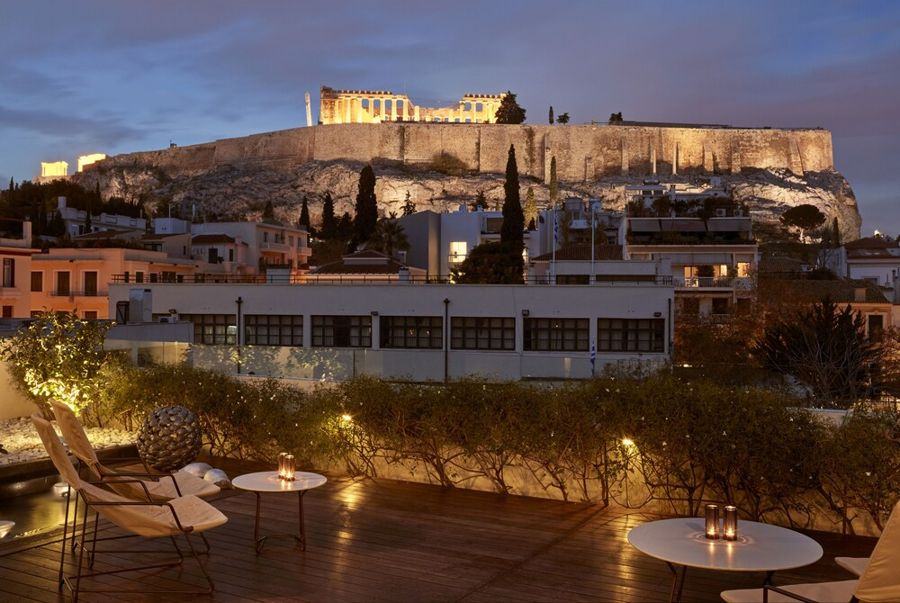 Herodion roof terrace with Acropolis view in the evening