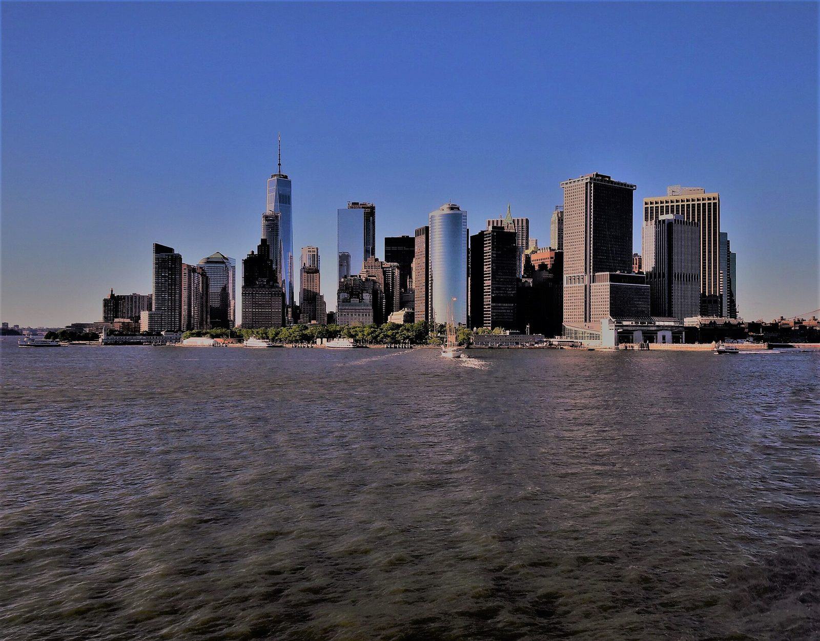 The Lower Manhattan skyline seen from the deck of the Staten Island Ferry